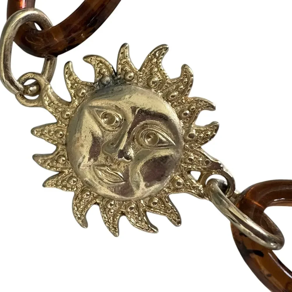 Vintage Sun Face Chain Belt Tortoise Lucite Gold Tone Celestial Boho Y2K Rave